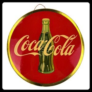 1950s Coca-Cola Button Sign 9" Red Gold Easel Bottle W/ ORIGINAL PAPER SLEEVE